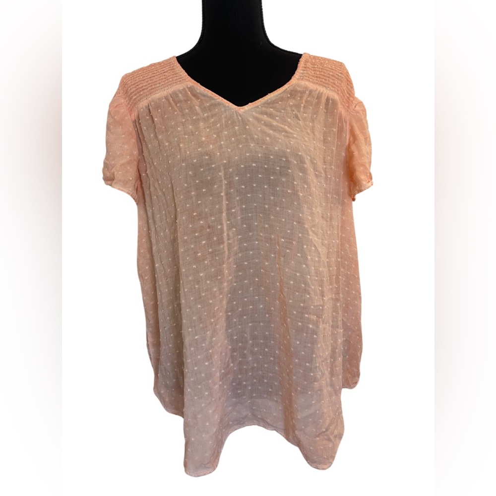 Torrid Swiss Dot Smocked Top V Neck Flutter Sleeves Peach